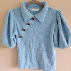 Zara Puff Sleeve Blue Wool Sweater Size S